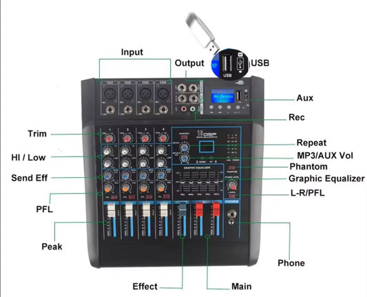 POWER MIXER 4-CHANNEL MIXER WITH USB.